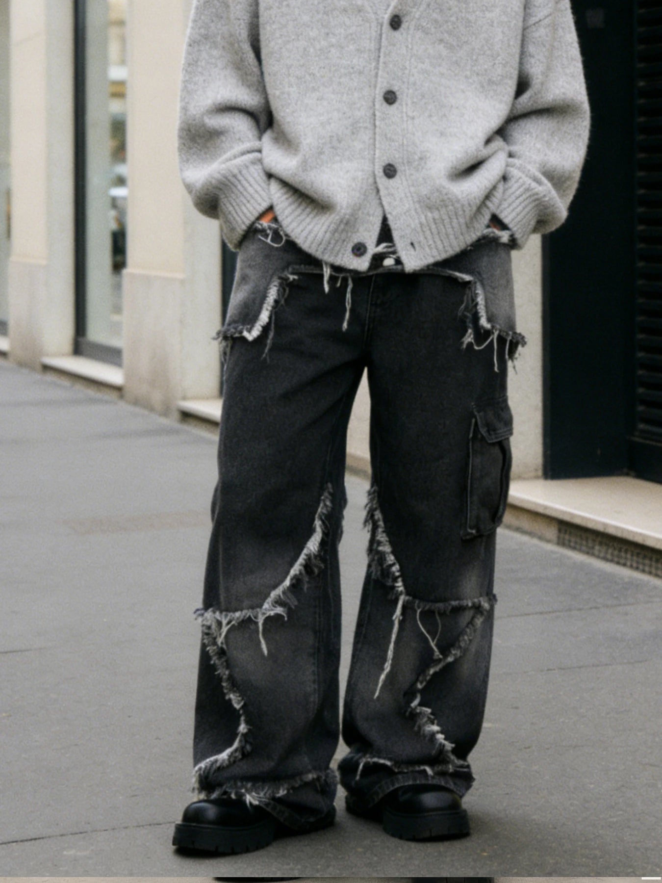 Dark style irregular frayed ripped jeans, men's multi-pocket design, loose drape wide-leg trendy brand long pants