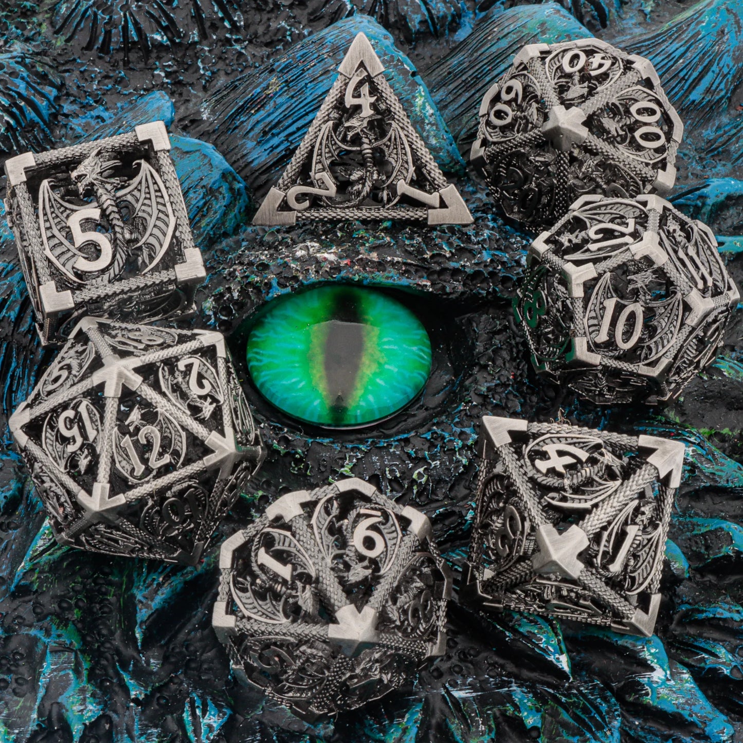 GSF Polyhedral Metal Dragon D&D Dice Set for Dungeons and Dragons Hollow Metal Dice