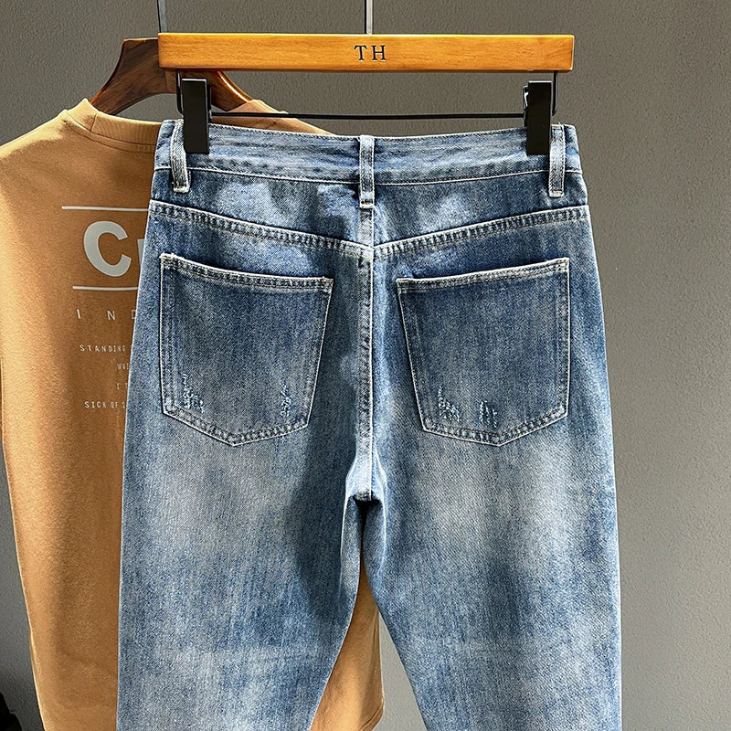 Vintage Blue Denim Ripped Jeans for Men Casual Streetwear
