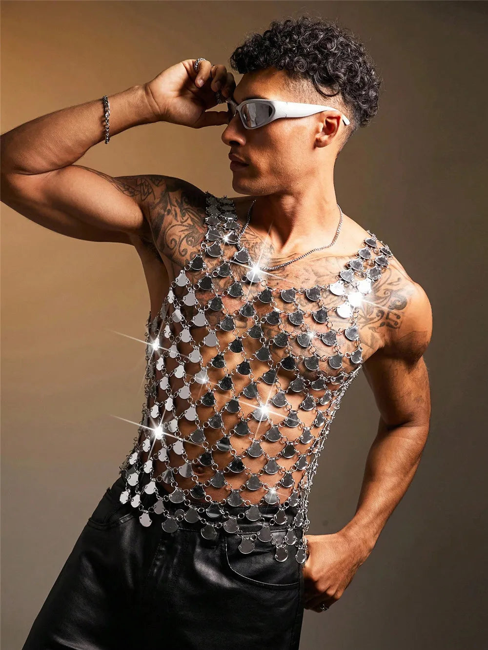 Men's Tops For Party Acrylic Shiny Mirror Vests Nightclub Top Trendy Laser Reflective Outfit Sexy Sleeveless Vests