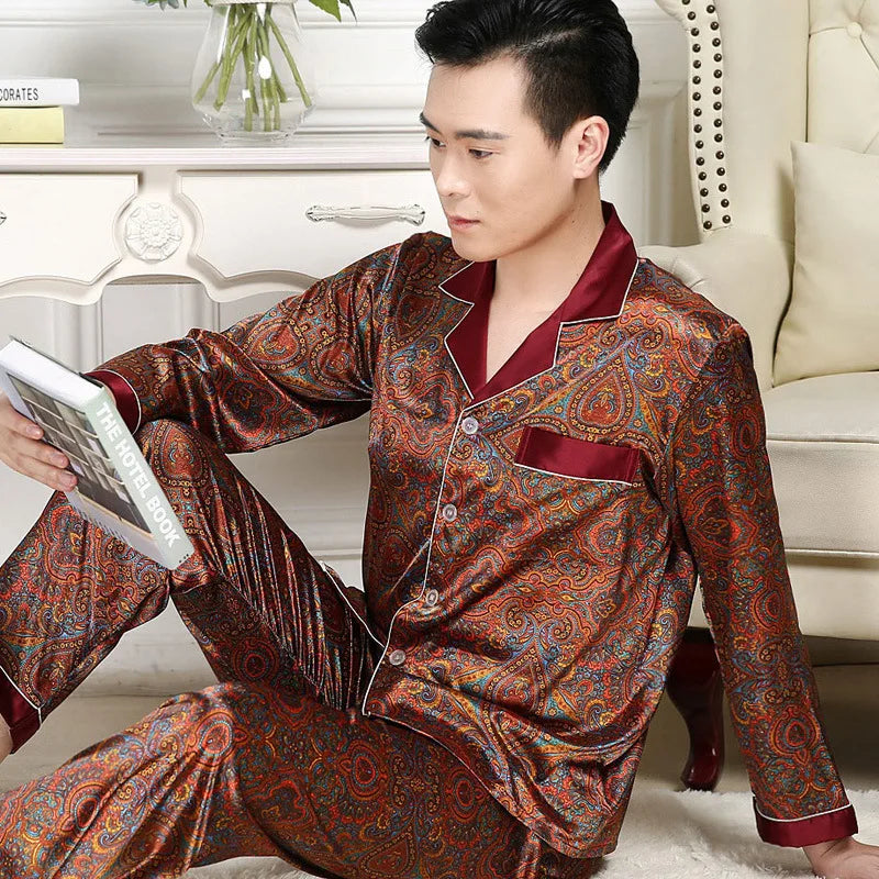 Silk Satin Pajamas for Men Sleepwear Cozy Soft Print Long Sleeve Nightgown Tops + Trousers Two Pieces Mens Pajama Set