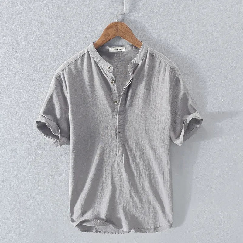 New Mens Short Sleeve T Shirts Solid Color Stand Up Collar Shirt Summer Trendy Breathable Loose Youth Basic Cotton Pocket Top