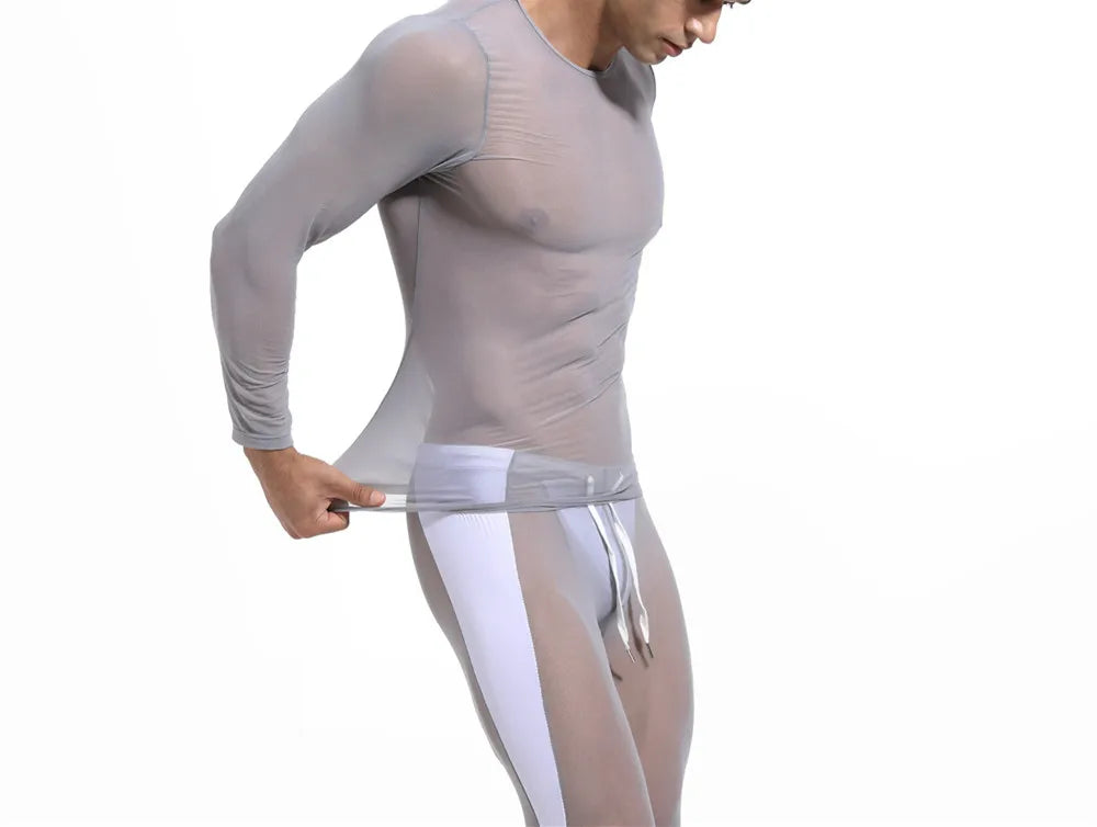 2026 Men's Sexy Mesh T-shirts High Elastic Transparent Long Sleeve Tops Men Sport Fitness Compression Tees See Through Gym Wear