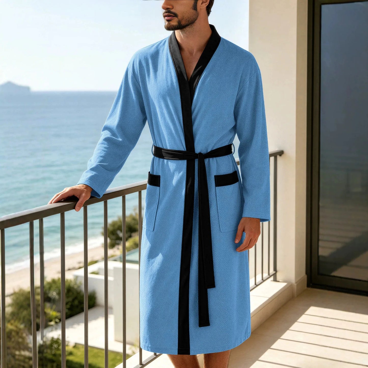 Men's Bathrobe Soft Nightgown Pajamas Robe Male Dressing Gown Mens Bath Robes With Belt Pockets Solid Sleepwear Home Clothes