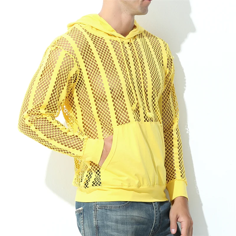 Mens Undershirts Hoodies Sexy Transparent Mesh Shirts Fishnet Hollow Out T Shirts Sport Fitness Nightclub See Through Tees Tops