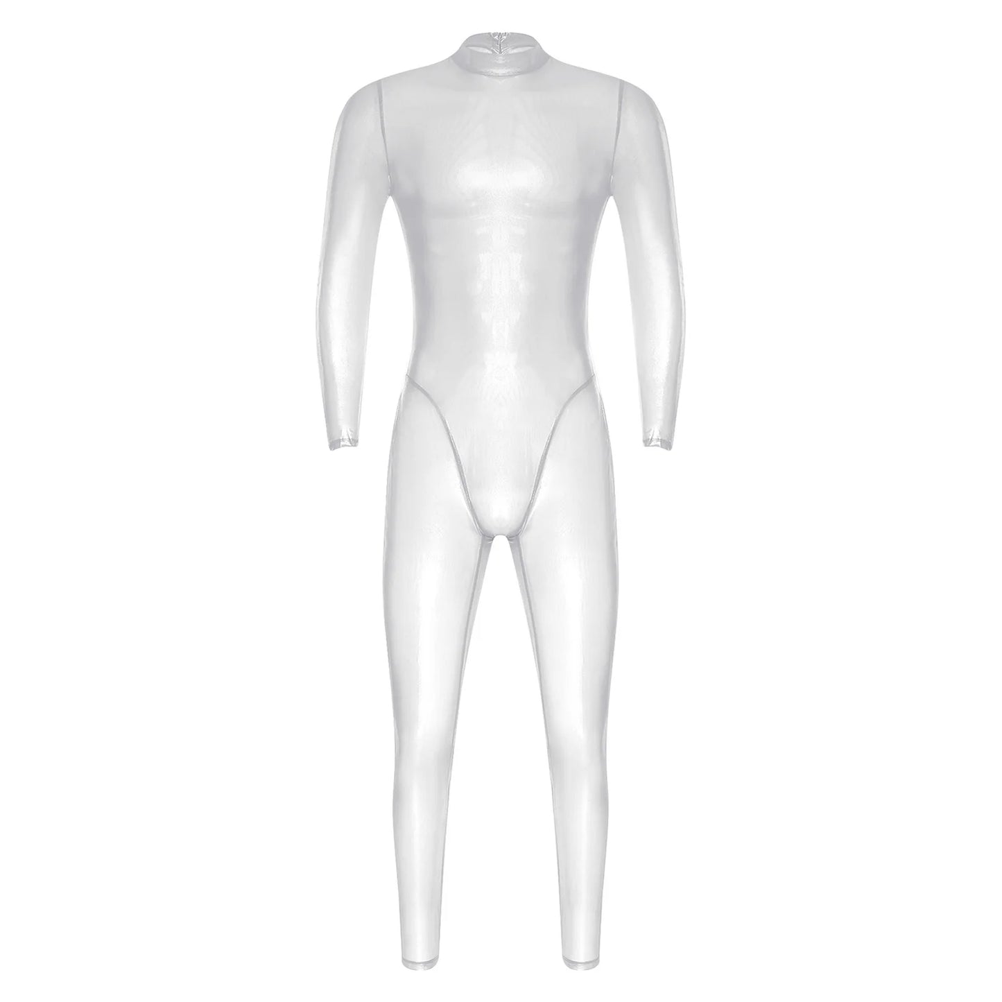 Mens Lingerie Tights Long Pants Metallic Shiny Full Body Unitard Back Zipper Catsuit Bodysuit Leggings Sheer Jumpsuit Clubwear