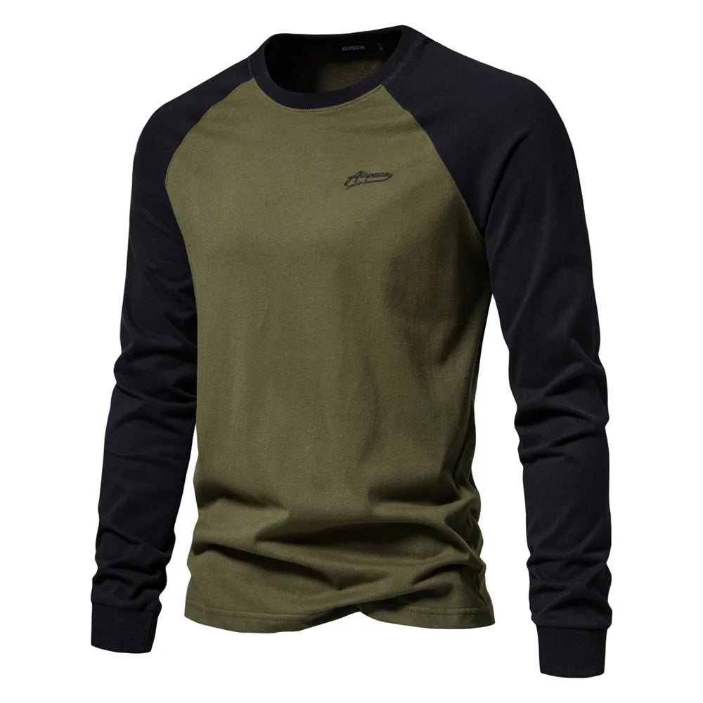 Men's Bottom T-shirt Trendy Contrast Color Tops 100% Cotton Long Sleeve Tees Spring Autumn Casual Streetwear O-neck Slim T-shirt