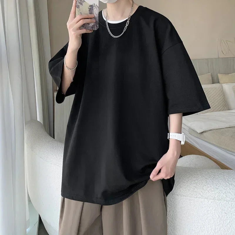 Men's Cotton T-shirts White Mens Oversized T Shirt Solid Summer Casual Wear Tee Shirts Fashion for Men 5XL Male Clothes