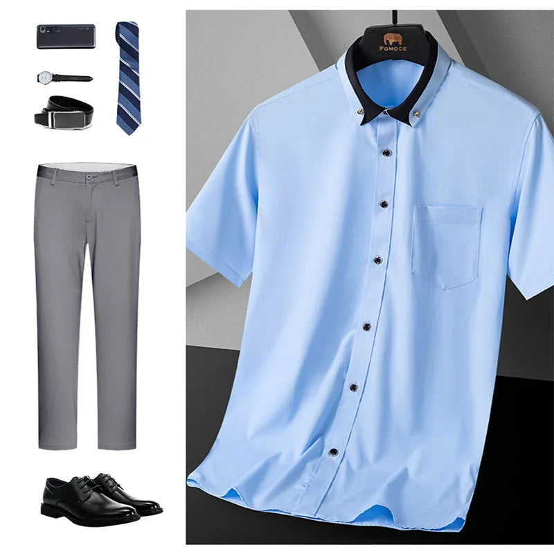 Men's Short Sleeve Business Dress Shirt with Contrast Collar
