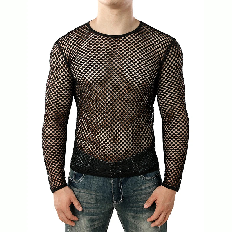 Mens Transparent Sexy Mesh T Shirt  New See Through  Fishnet Long Sleeve Muscle Undershirts Nightclub Party Perform Top Tees