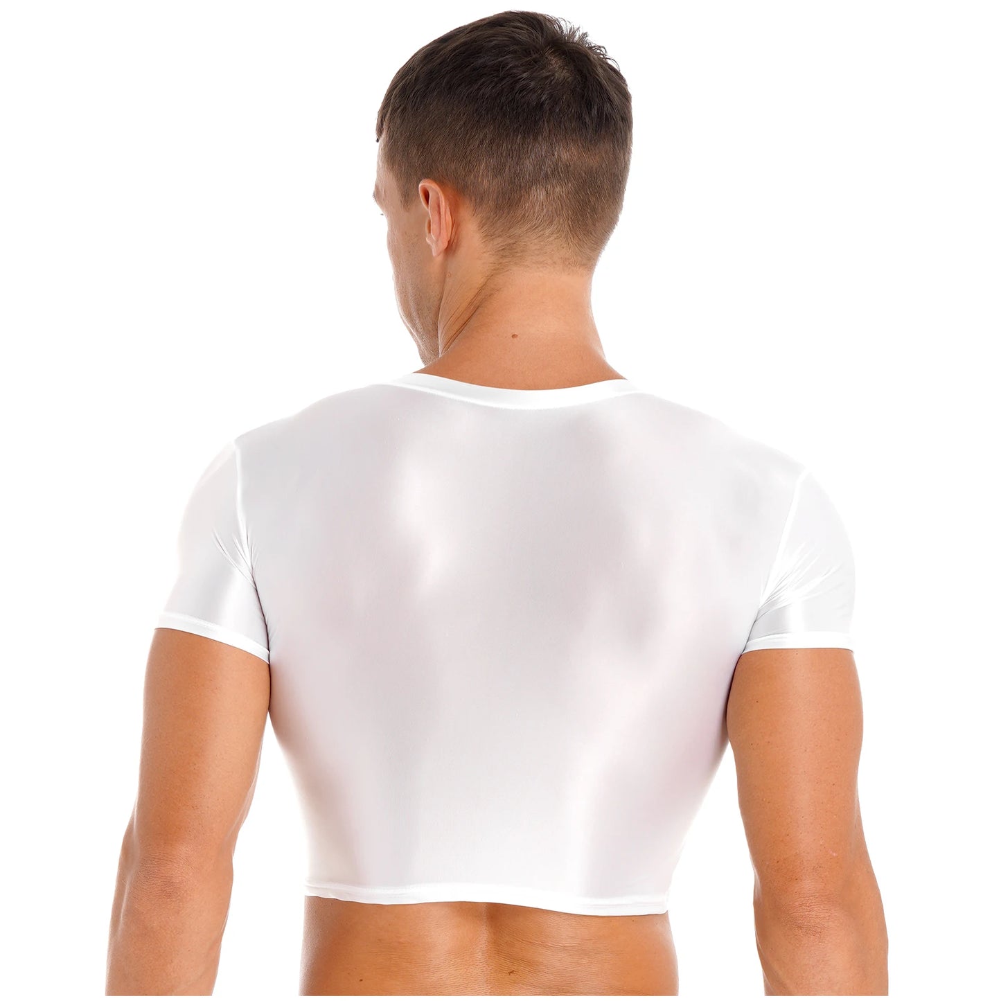 Mens Glossy Crop Top Short Sleeve Oil Shiny Slim Fit Sports Fitness T-shirt Tee Workout Cheer Booty Dance Tops Swimwear Clubwear