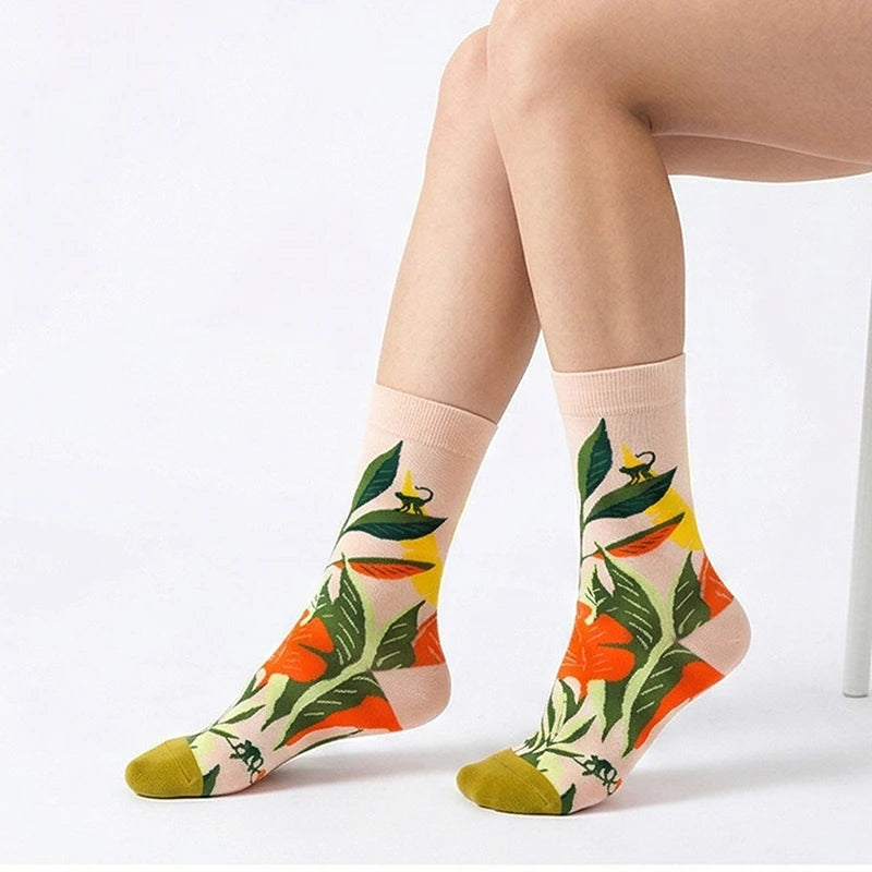 1/5 Pairs Men Women Socks Unisex Colored Printed Mid Tube Socks With Trendy And Personalized Animal Flower Designs Casual Socks