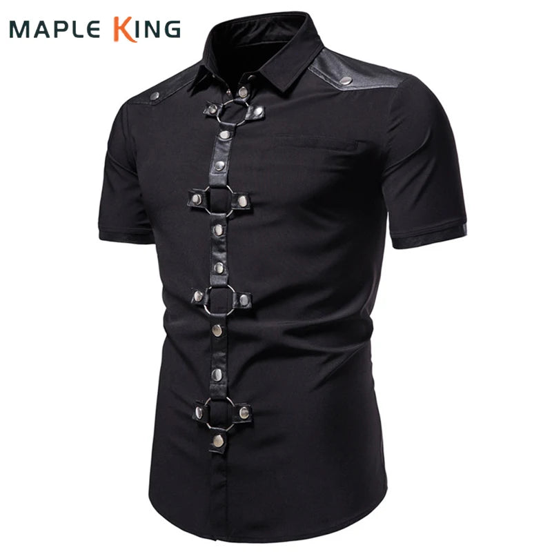 Mens Short Sleeve Goth Style Solid Color Casual Shirt