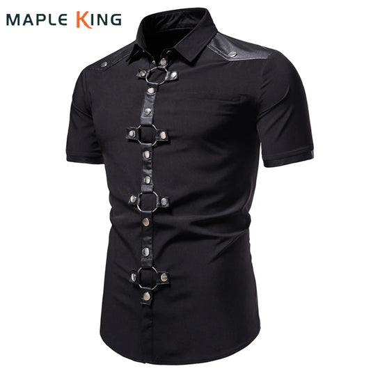 Mens Short Sleeve Goth Style Solid Color Casual Shirt