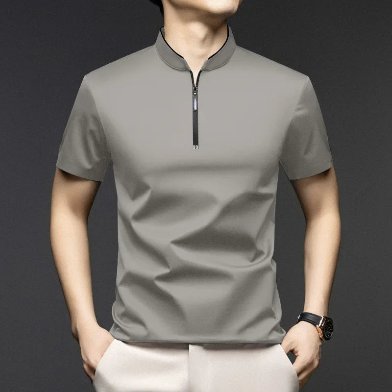Men's Casual Zipper Polo Shirt in Solid Color