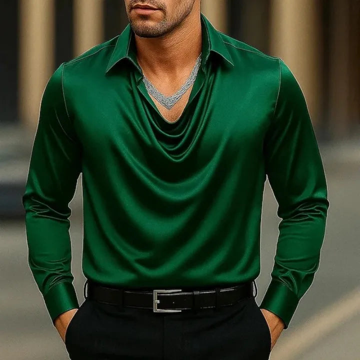 Men's Satin Silk Casual Dress Shirt Long Sleeve