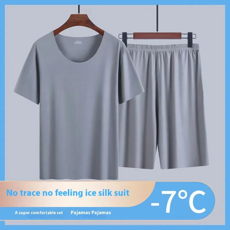 Men's Summer Loungewear Set: Ice-Silk Pajamas, Modal Seamless Round-Neck Lightweight Short-Sleeve T-Shirt, Men's Summer Clothing