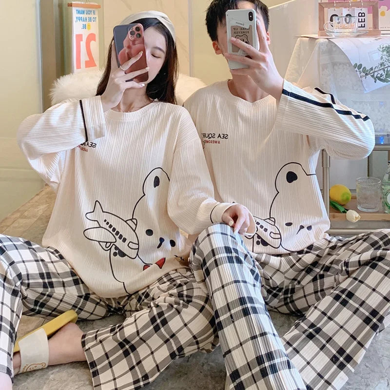 Spring Couples Sleepwear for Women Man Cotton pajama sets Sleep Tops Trousers Home clothes pijama conjuntos de pijama hombre