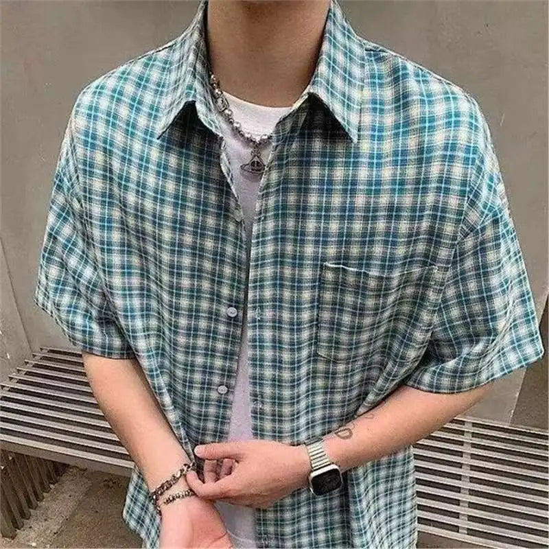 Blue Plaid Short Sleeve Men's Casual Shirt