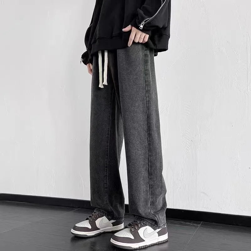 Men's Casual Loose Wide Leg Jeans in Black Grey Blue