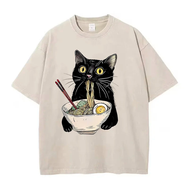 Black Cotton Cat Eating Ramen Graphic Tee