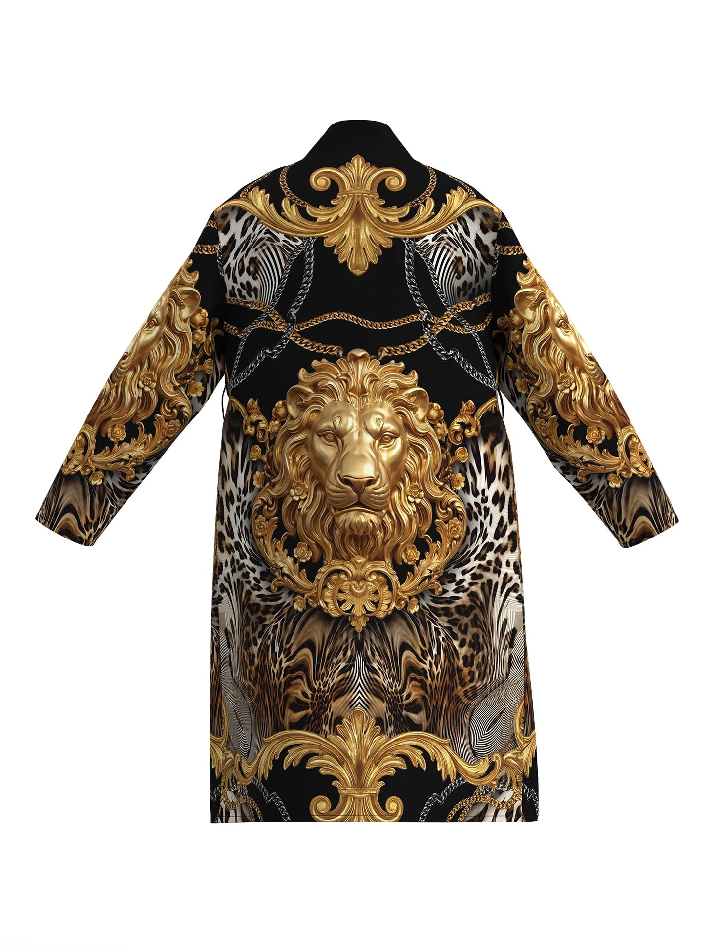 Men's Luxurious Baroque Lion Head Print Kimono Bathrobe Gold Leopard Print Long Sleeve Lounge Clothes Casual Nightgown