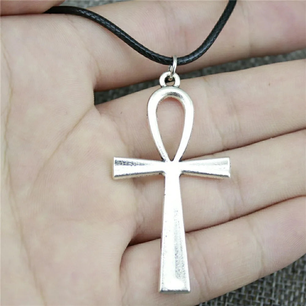 Ankh Cross Pendant Necklace Black Leather Chain Necklace