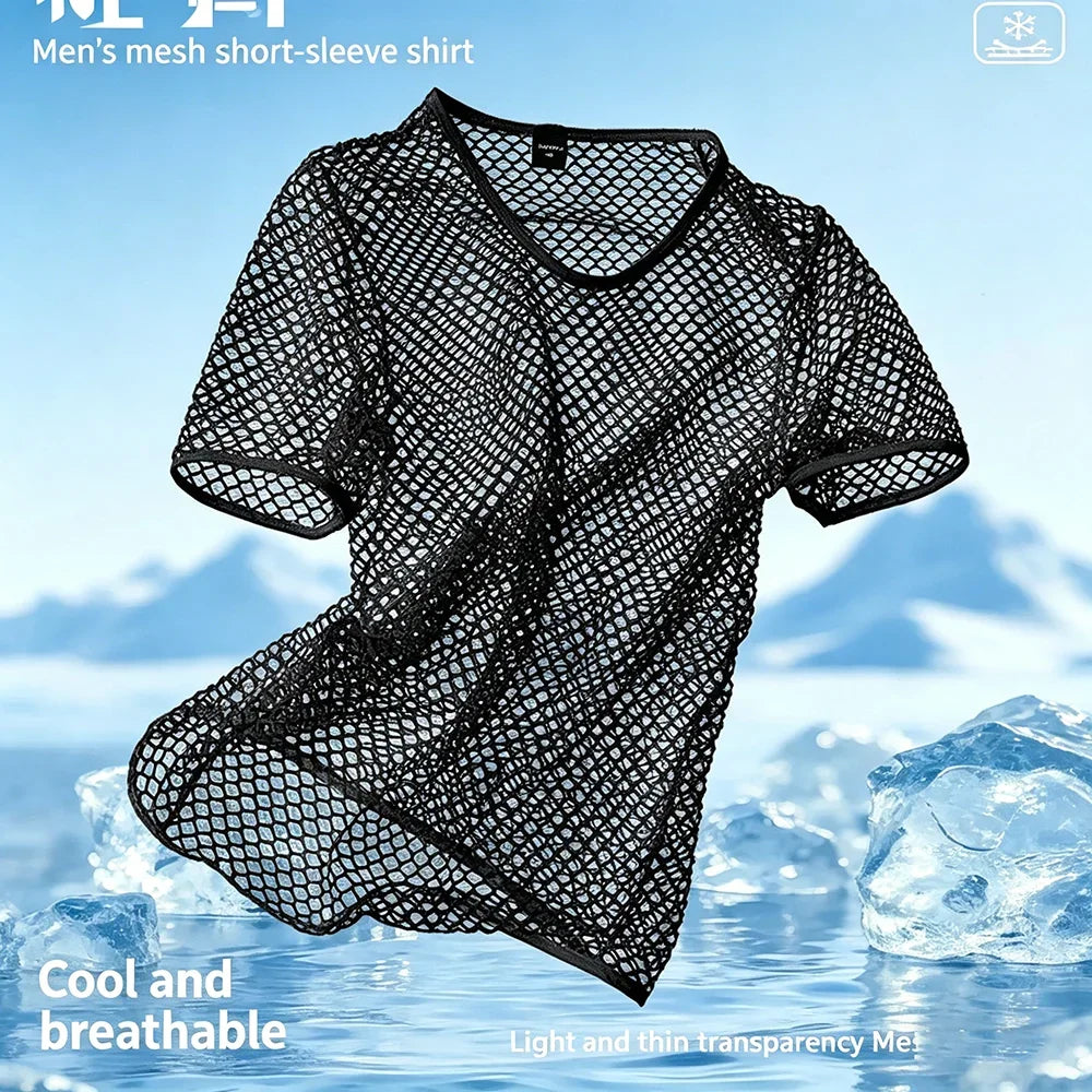 Mens Mesh See Through T Shirt Ice Cool Breathable Fishnet Hollow Out Short Sleeve