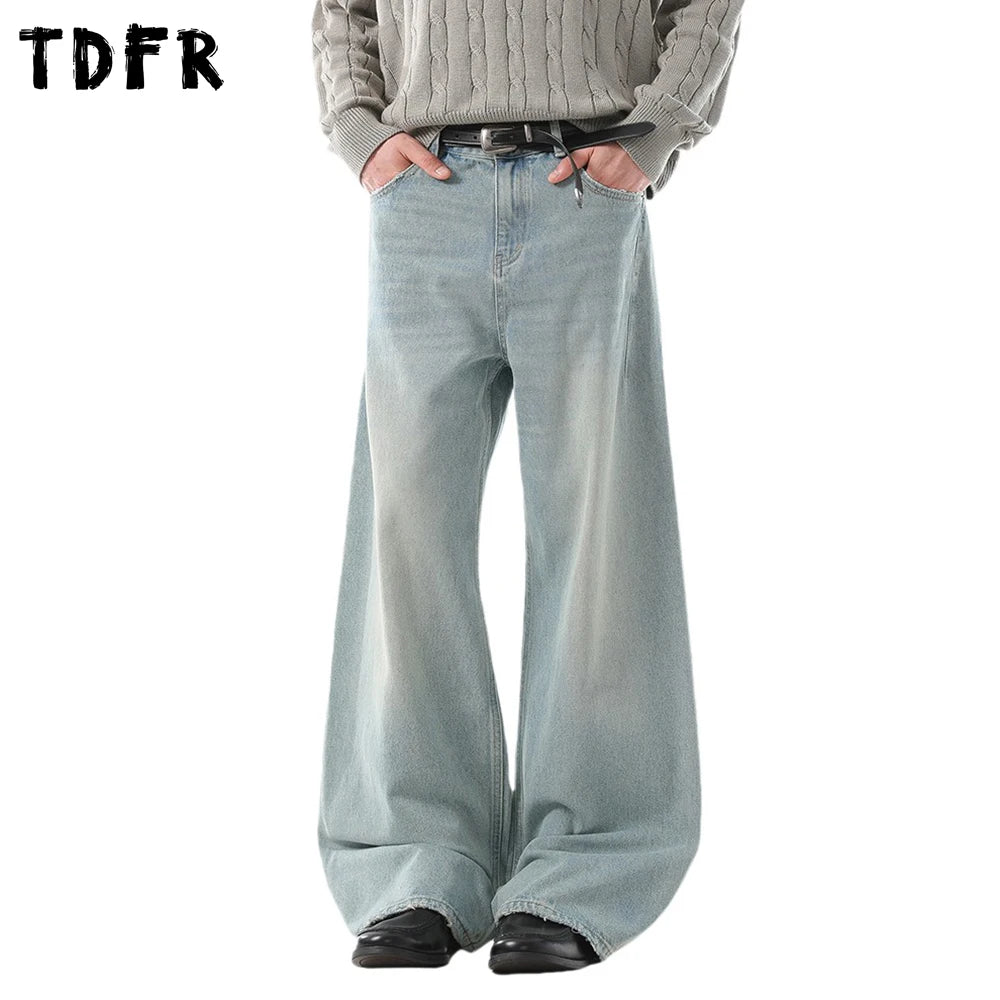 Ripped Straight Jeans Mens Pocket Retro Casual Washed Distressed Baggy Wide Leg Denim Pants Man