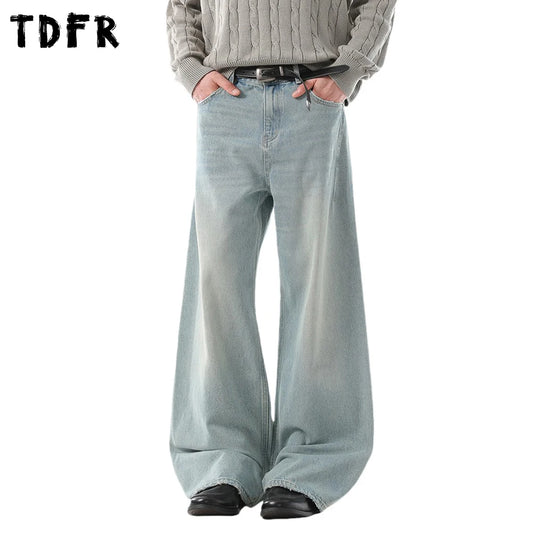 Ripped Straight Jeans Mens Pocket Retro Casual Washed Distressed Baggy Wide Leg Denim Pants Man