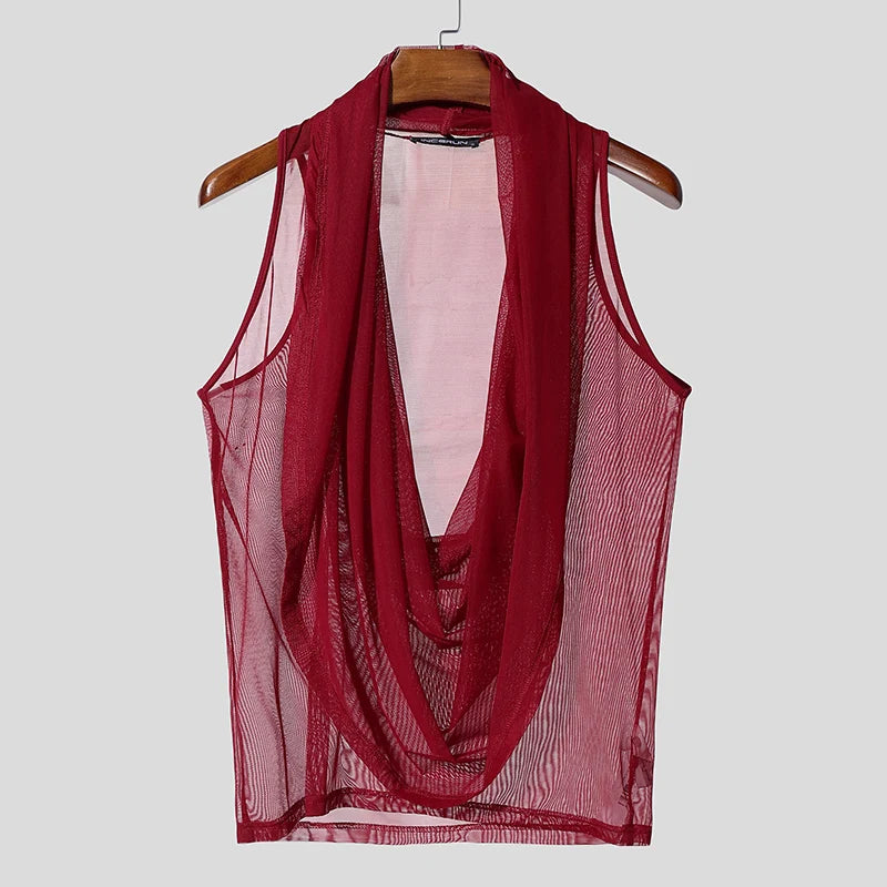 INCERUN Men Tank Tops Mesh See Through Solid Color Vests For Man Streetwear Summer Sleeveless Sexy Tops Menswear Clothing S-3XL