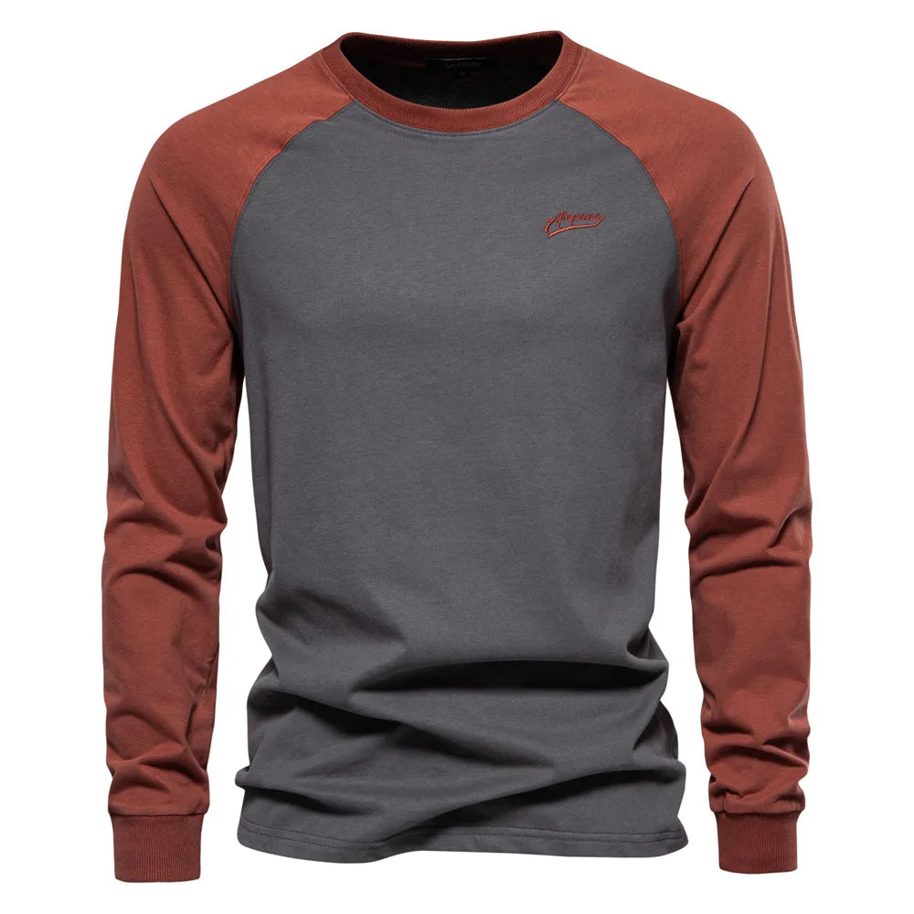 Men's Bottom T-shirt Trendy Contrast Color Tops 100% Cotton Long Sleeve Tees Spring Autumn Casual Streetwear O-neck Slim T-shirt