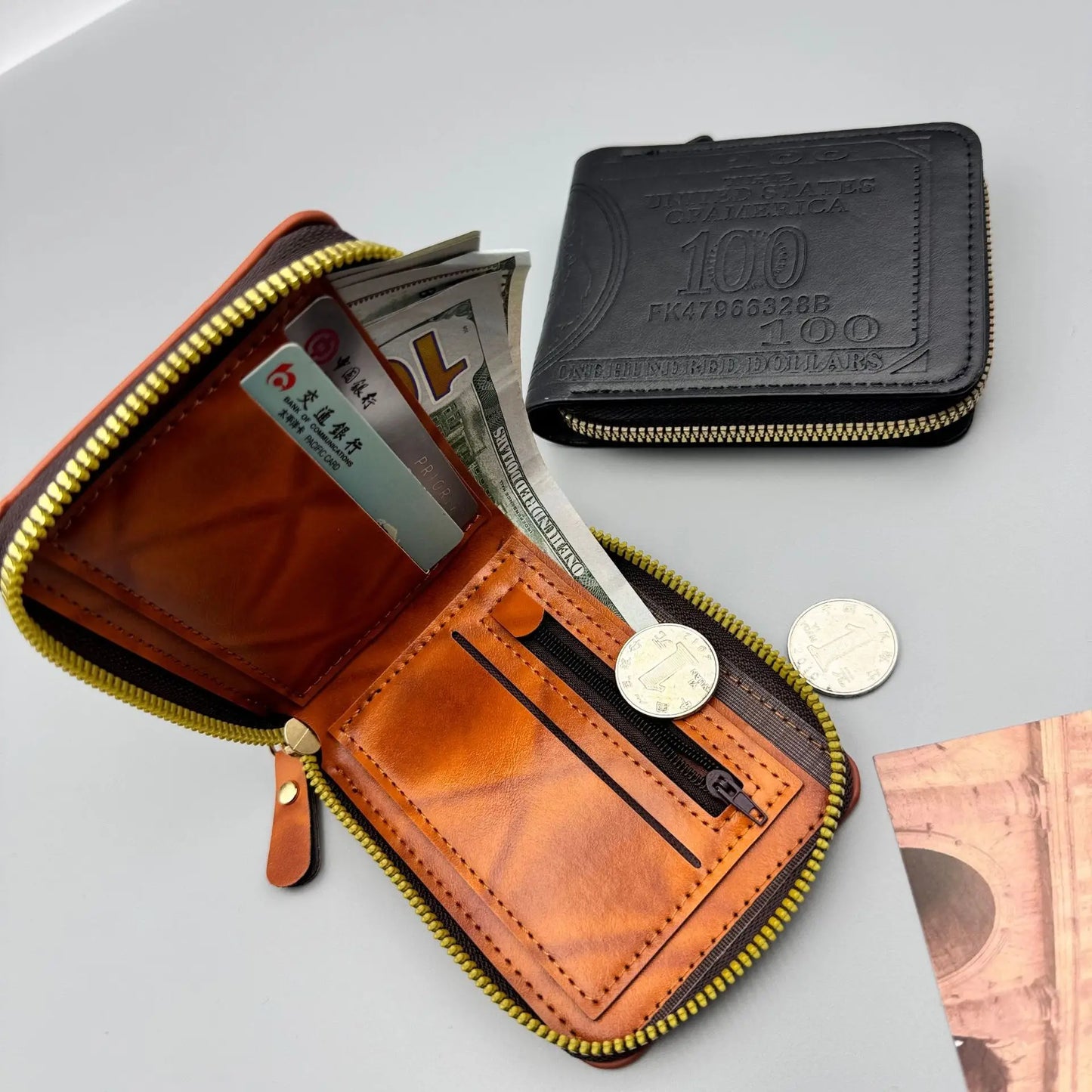 NONE Zipper Men Wallet with 100 US Dollar Pattern Male Leather Wallet
