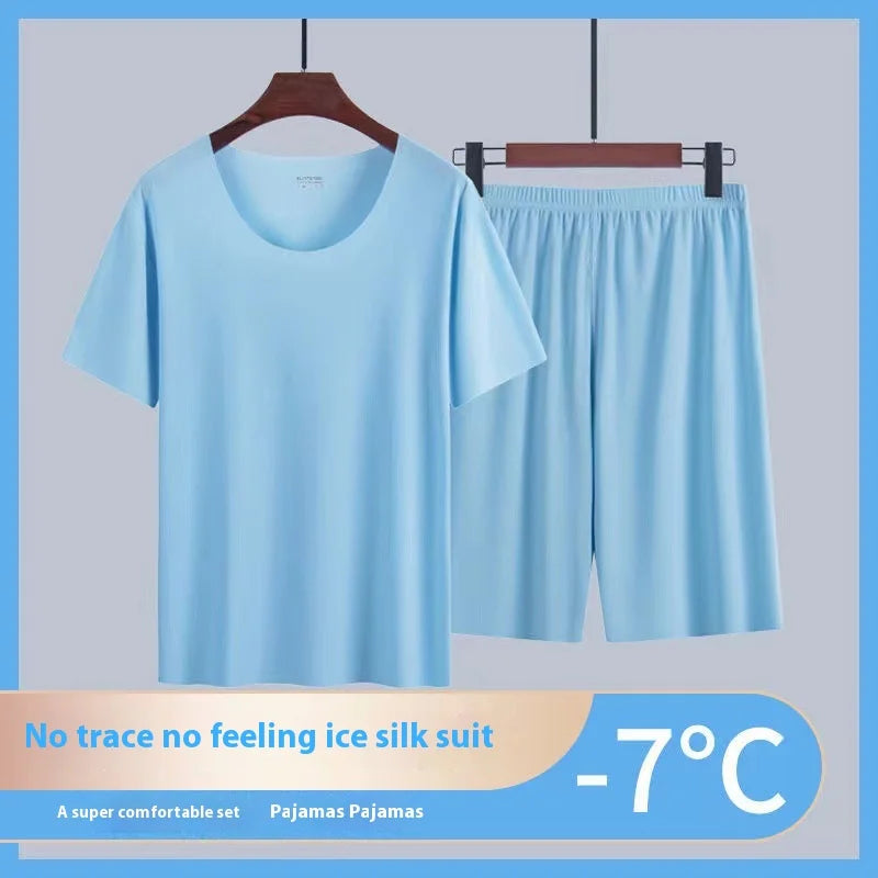 Men's Summer Loungewear Set: Ice-Silk Pajamas, Modal Seamless Round-Neck Lightweight Short-Sleeve T-Shirt, Men's Summer Clothing
