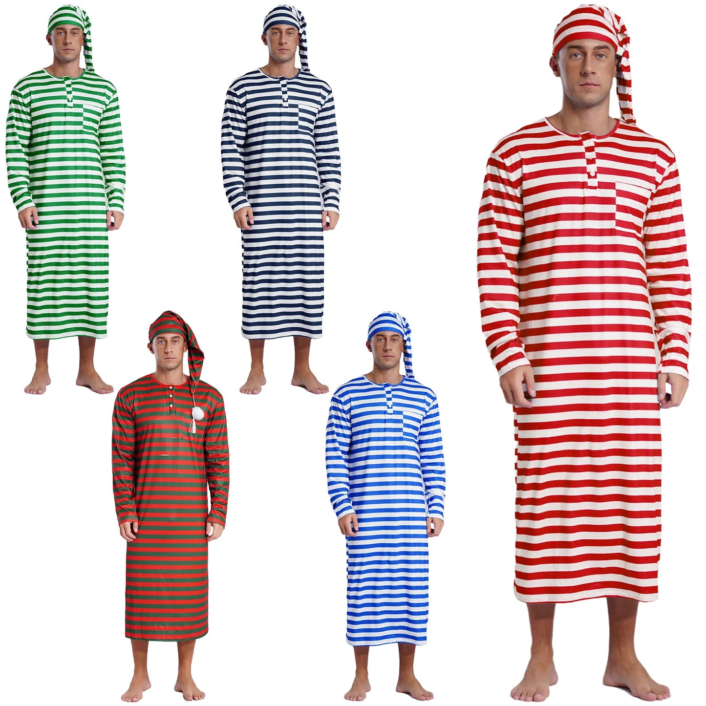 Mens Christmas Striped Sleep Robe with Hat Set