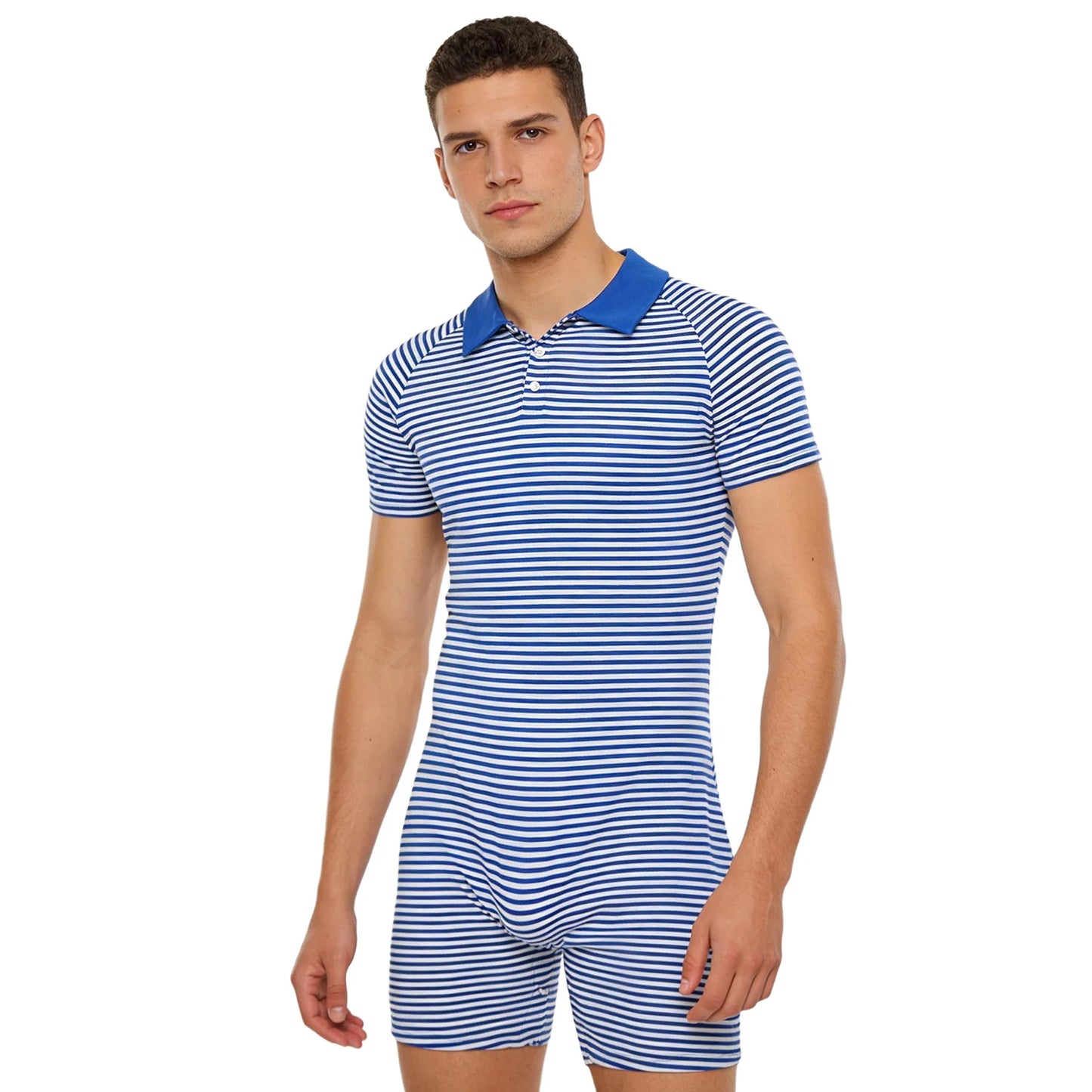 Mens Adults Striped Pajamas Bodysuit Cozy Homewear Turn-down Collar Buttoned Crotch Short Sleeve Rompers Underwear Loungewear