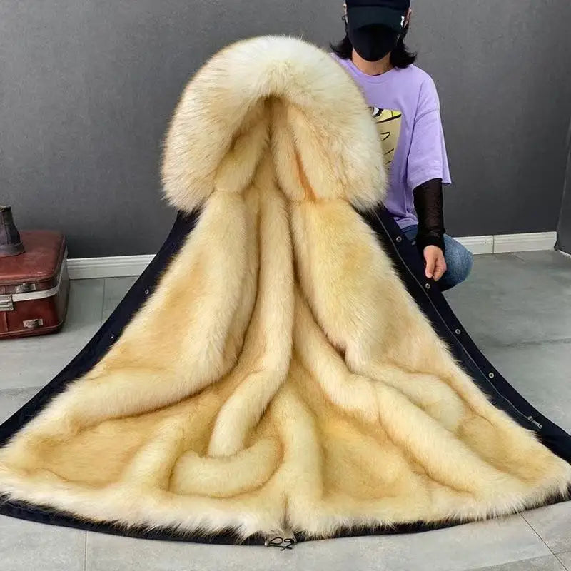 Winter Men Long Hooded Jacket High Quality Raccoon Fur Collar