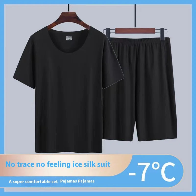 Men's Summer Loungewear Set: Ice-Silk Pajamas, Modal Seamless Round-Neck Lightweight Short-Sleeve T-Shirt, Men's Summer Clothing
