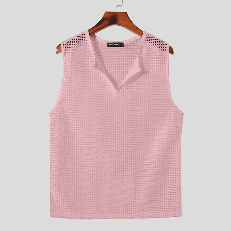 2024 Men Tank Tops Mesh Hollow Out Solid V Neck Sleeveless Summer Male Vests Streetwear Transparent Fashion Men Clothing INCERUN