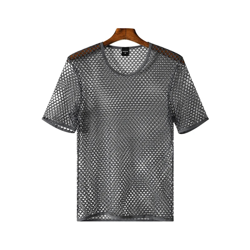 Mens Mesh See Through T Shirt Ice Cool Breathable Fishnet Hollow Out Short Sleeve