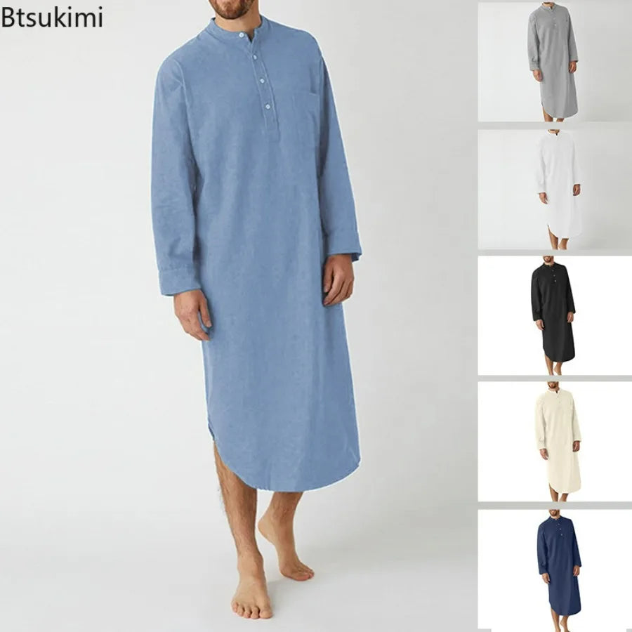 Muslim Fashion Abayas for Men Sleep Robes Solid Cotton Long Sleeve Comfortable Leisure Nightgown Mens Bathrobes Homewear Robes