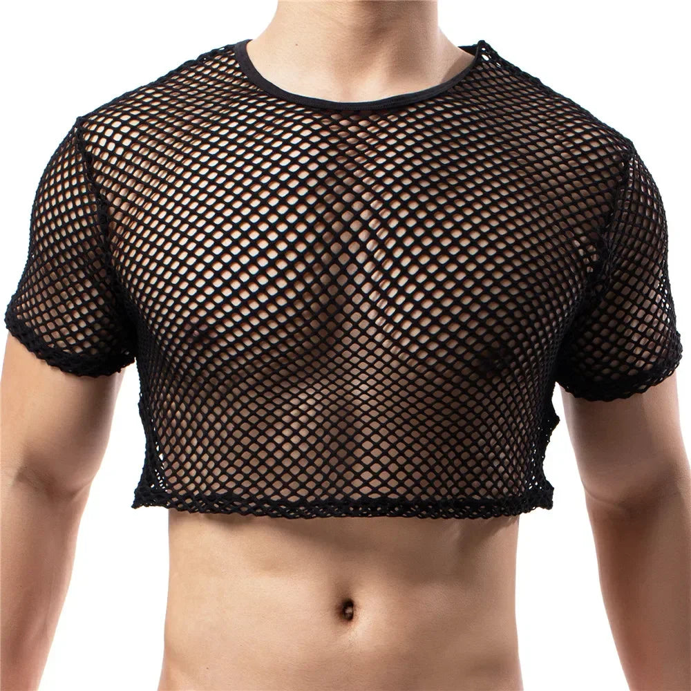 Sexy Mens Undershirts Short Sleeve Transparent Mesh Crop Tops Fishnet Hollow Out T Shirts Sport Nightclub Muscle Sheer Tees Tops