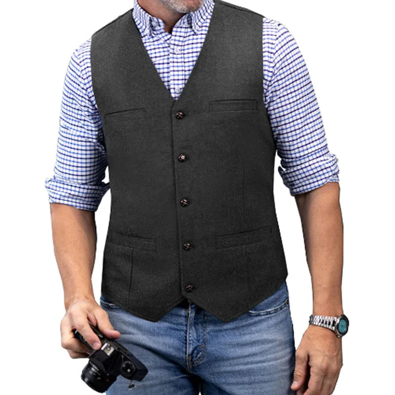 Men's Herringbone Tweed V Neck Slim Fit Vest for Weddings