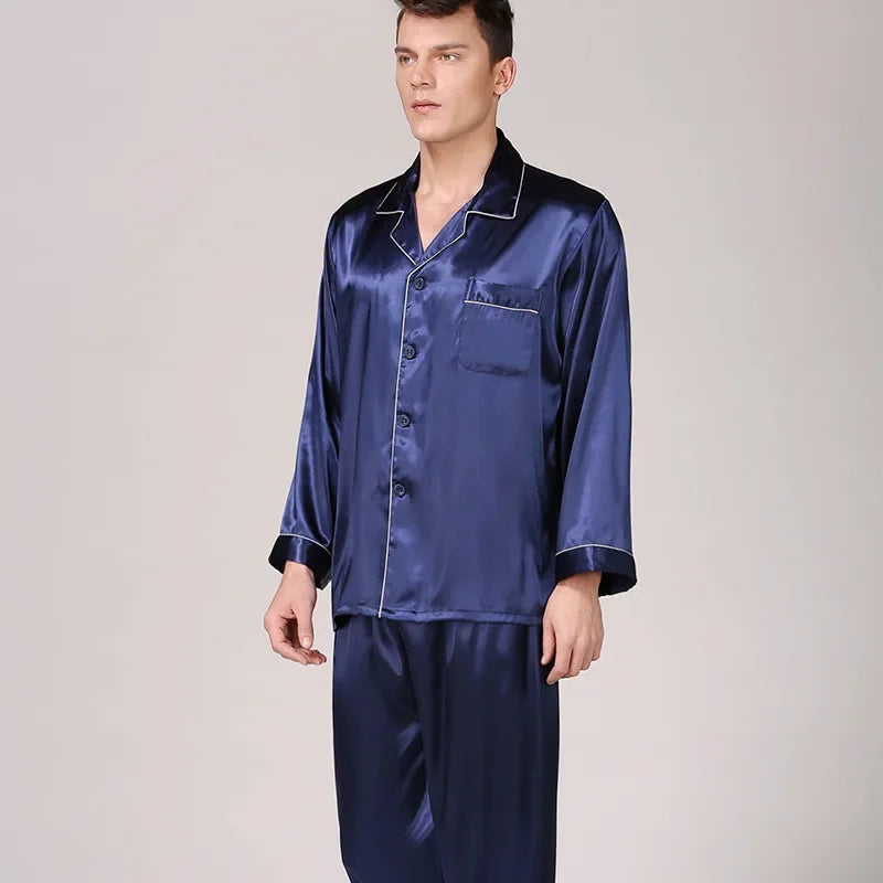 Silk Satin Pajamas for Men Sleepwear Cozy Soft Print Long Sleeve Nightgown Tops + Trousers Two Pieces Mens Pajama Set