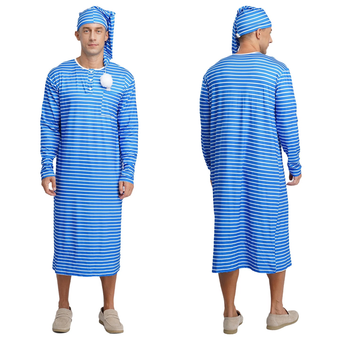 Mens Sissy Nightgown Striped Sleep Robe with Hat Set Complete Sleepwear Comfortable Loungewear Homewear for Holiday Nights