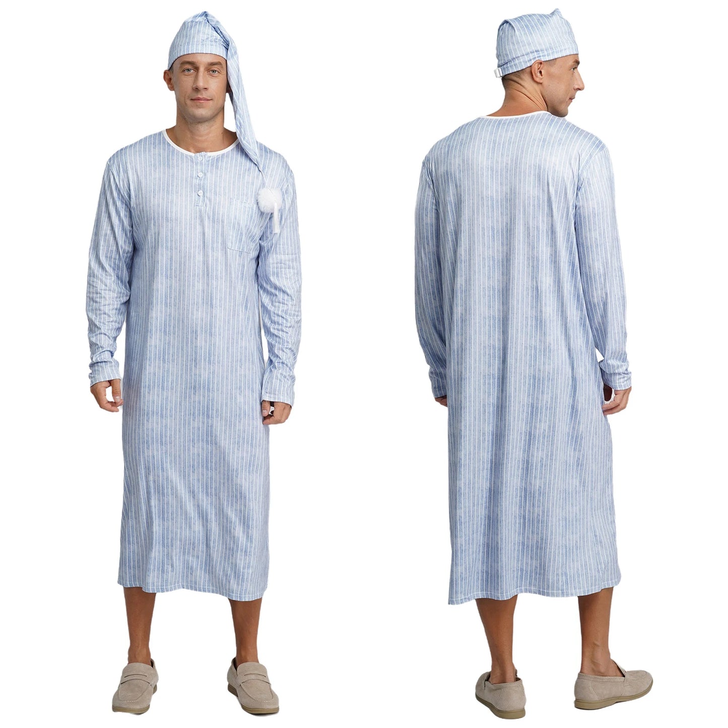 Mens Sissy Nightgown Striped Sleep Robe with Hat Set Complete Sleepwear Comfortable Loungewear Homewear for Holiday Nights