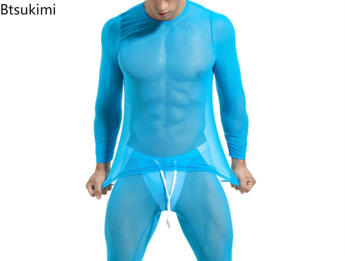 2026 Men's Sexy Mesh T-shirts High Elastic Transparent Long Sleeve Tops Men Sport Fitness Compression Tees See Through Gym Wear
