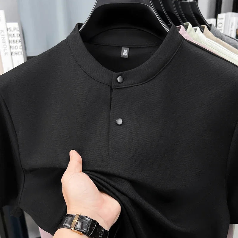 Mens Short Sleeve Mandarin Collar Polo Shirt Casual Tops With Buttons Breathable Slim Fit Waffle Knit Tees For Men Summer Style