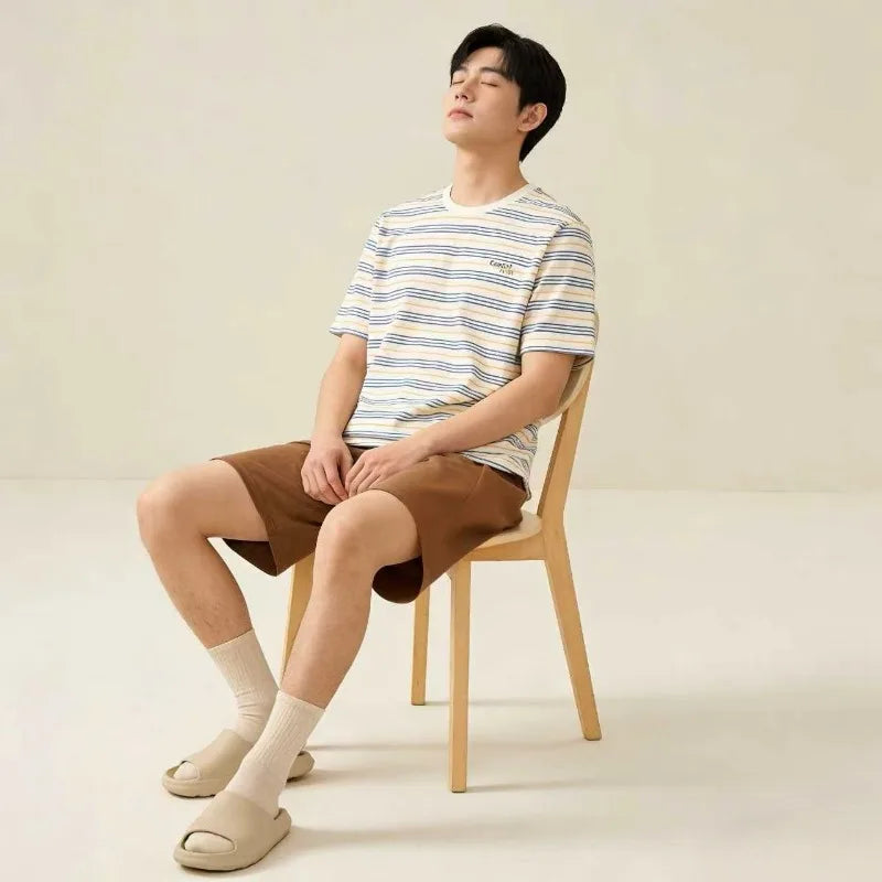 Men's Modal Loungewear Set Striped Short Sleeve T-shirt and Shorts Casual Summer Pajamas