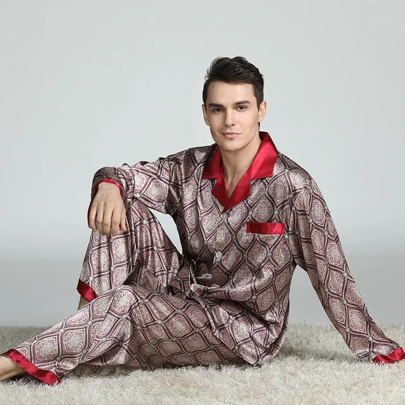 Silk Satin Pajamas for Men Sleepwear Cozy Soft Print Long Sleeve Nightgown Tops + Trousers Two Pieces Mens Pajama Set